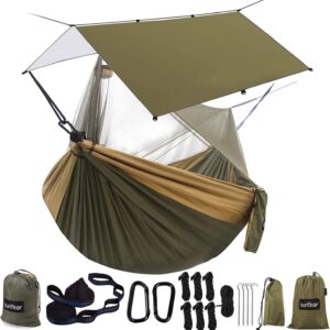 Hammock Camping with Rain Fly Tarp and Net